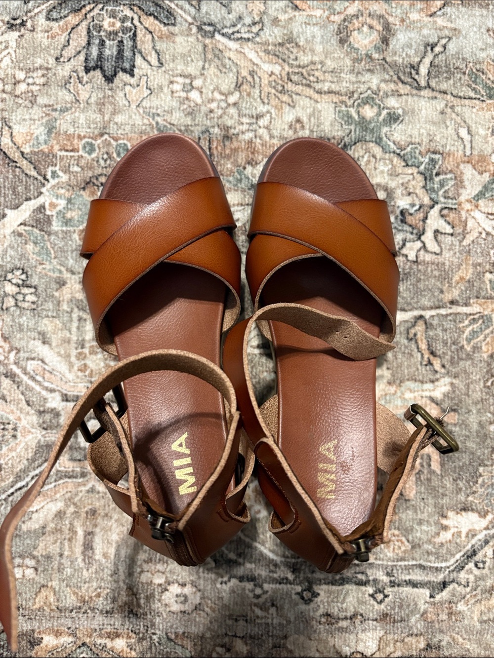 MIA Tan Leather Crisscross Ankle-Strap Sandals